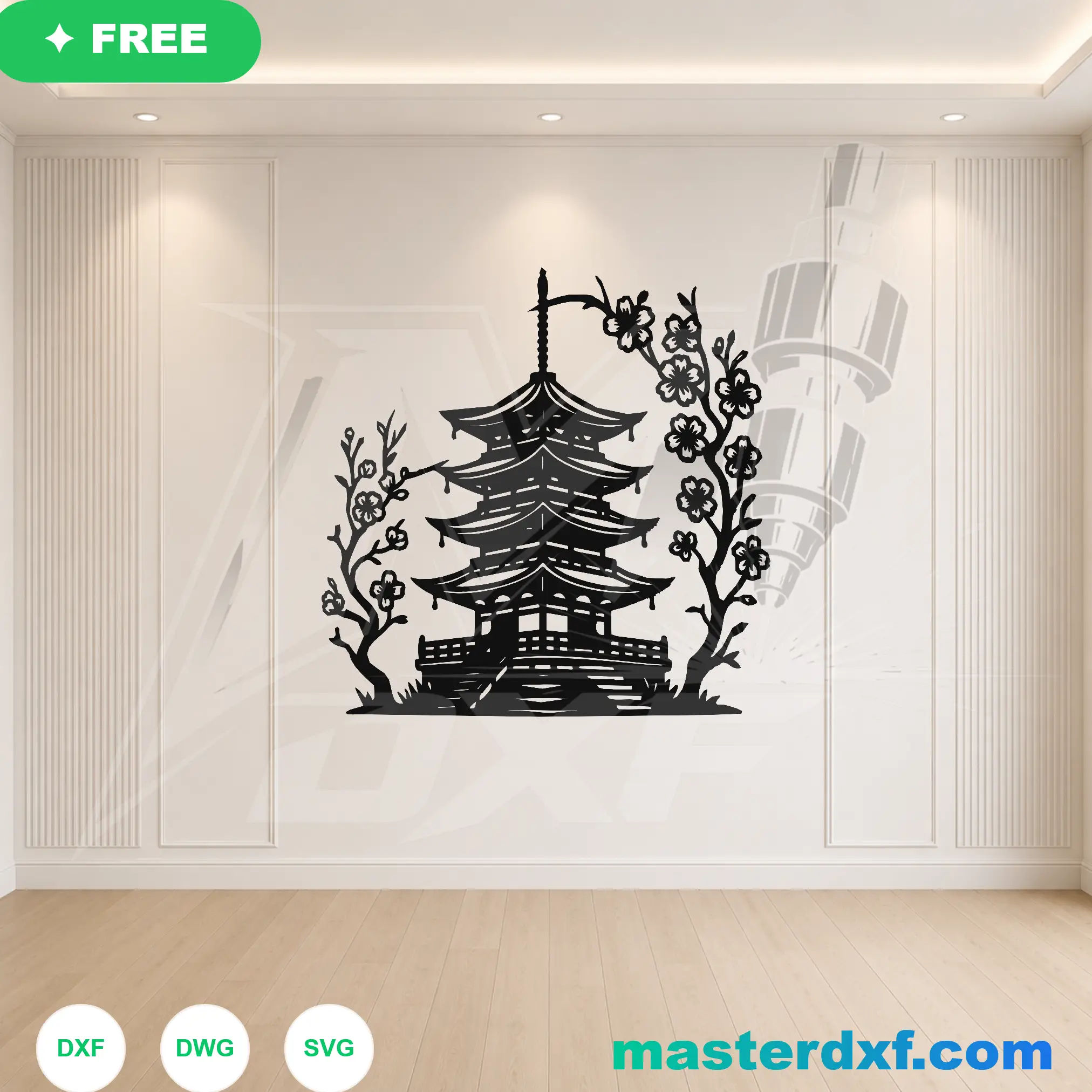 Traditional Oriental Pagoda Cherry Blossom Architectural Artwork DXF File